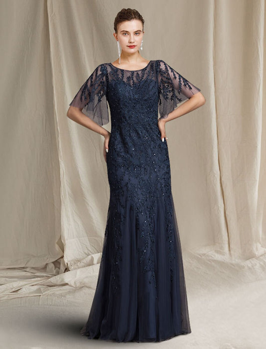 wholesale  A-Line Mother of the Bride Dress Luxurious Elegant Jewel Neck Floor Length Lace Tulle Short Sleeve with Appliques