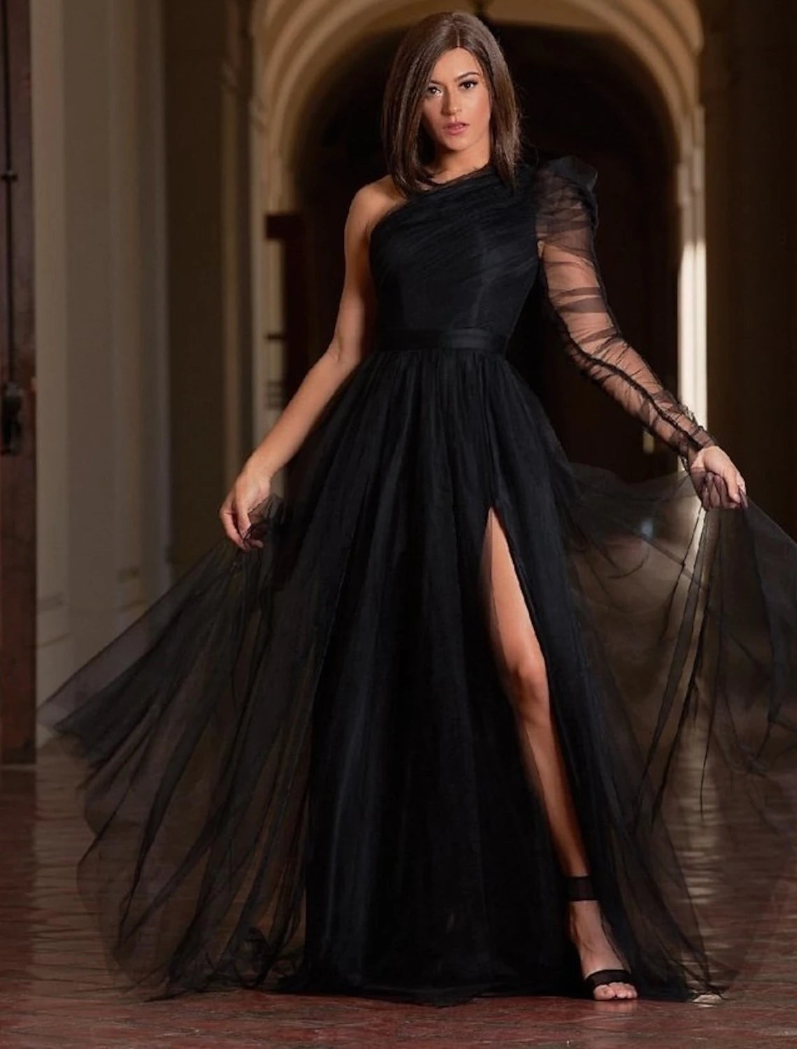 wholesale  A-Line Prom Dresses Plus Size Dress Wedding Guest Sweep / Brush Train Long Sleeve One Shoulder Wednesday Addams Family Tulle with Slit Pure Color