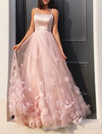 Wholesale A-Line Prom Dresses Floral Dress Performance Floor Length Sleeveless Spaghetti Strap Tulle with Pleats Appliques