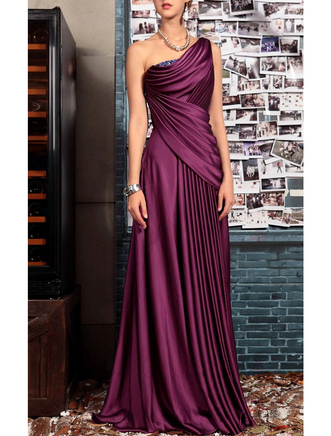 Wholesa Sheath Black Dress Evening Gown Elegant Dress Formal Evening Floor Length Sleeveless One Shoulder Fall Wedding Guest Satin Backless with Pleats Crystals Draping