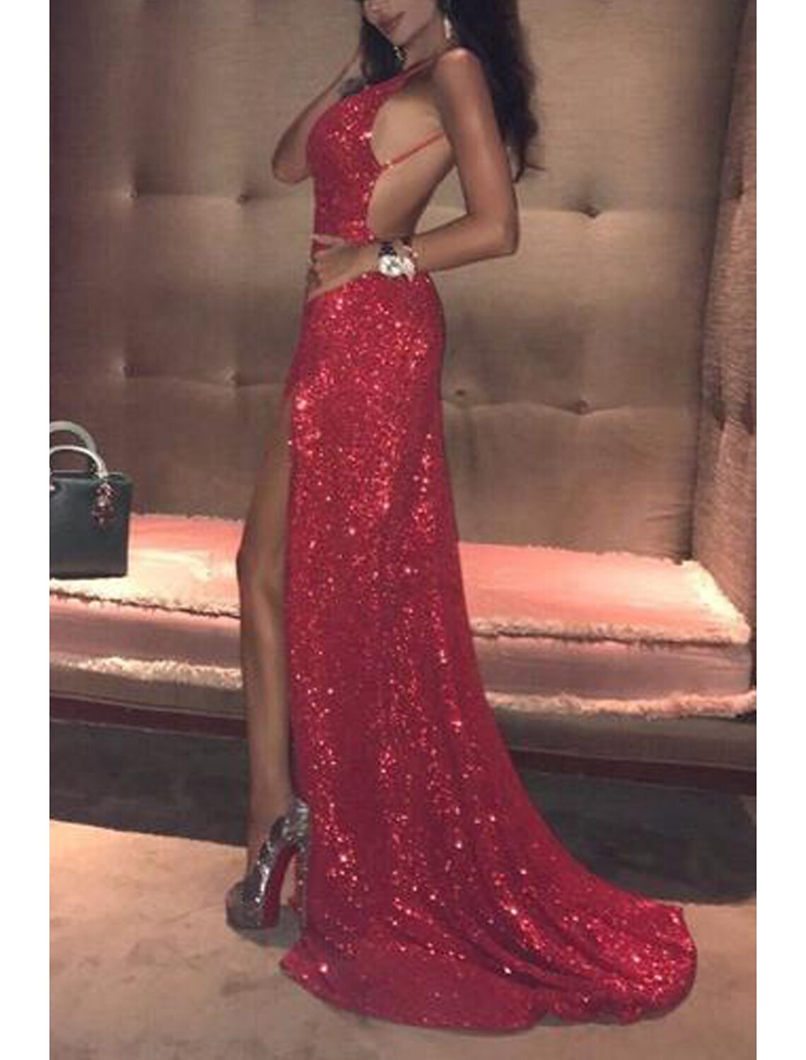 Wholesa  Mermaid / Trumpet Prom Dresses Sparkle & Shine Dress Formal Prom Court Train Sleeveless Strapless Sequined Backless with Sequin