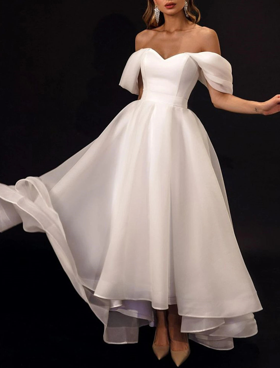 Wholesa Reception Little White Dresses Wedding Dresses A-Line Off Shoulder Cap Sleeve Asymmetrical Organza Bridal Gowns With Solid Color