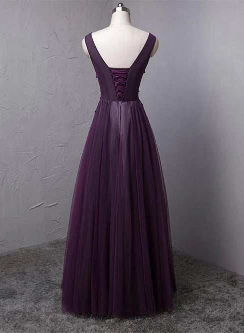 Dark Purple V-neckline Beaded Tulle Long Formal Dress Evening Dress Prom Dress