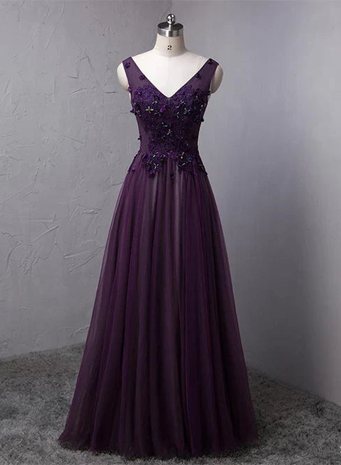 Dark Purple V-neckline Beaded Tulle Long Formal Dress Evening Dress Prom Dress