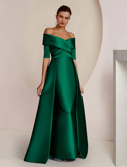 wholesale  Sheath / Column Mother of the Bride Dress Formal Wedding Guest Party Elegant Off Shoulder Floor Length Satin Half Sleeve with Ruching