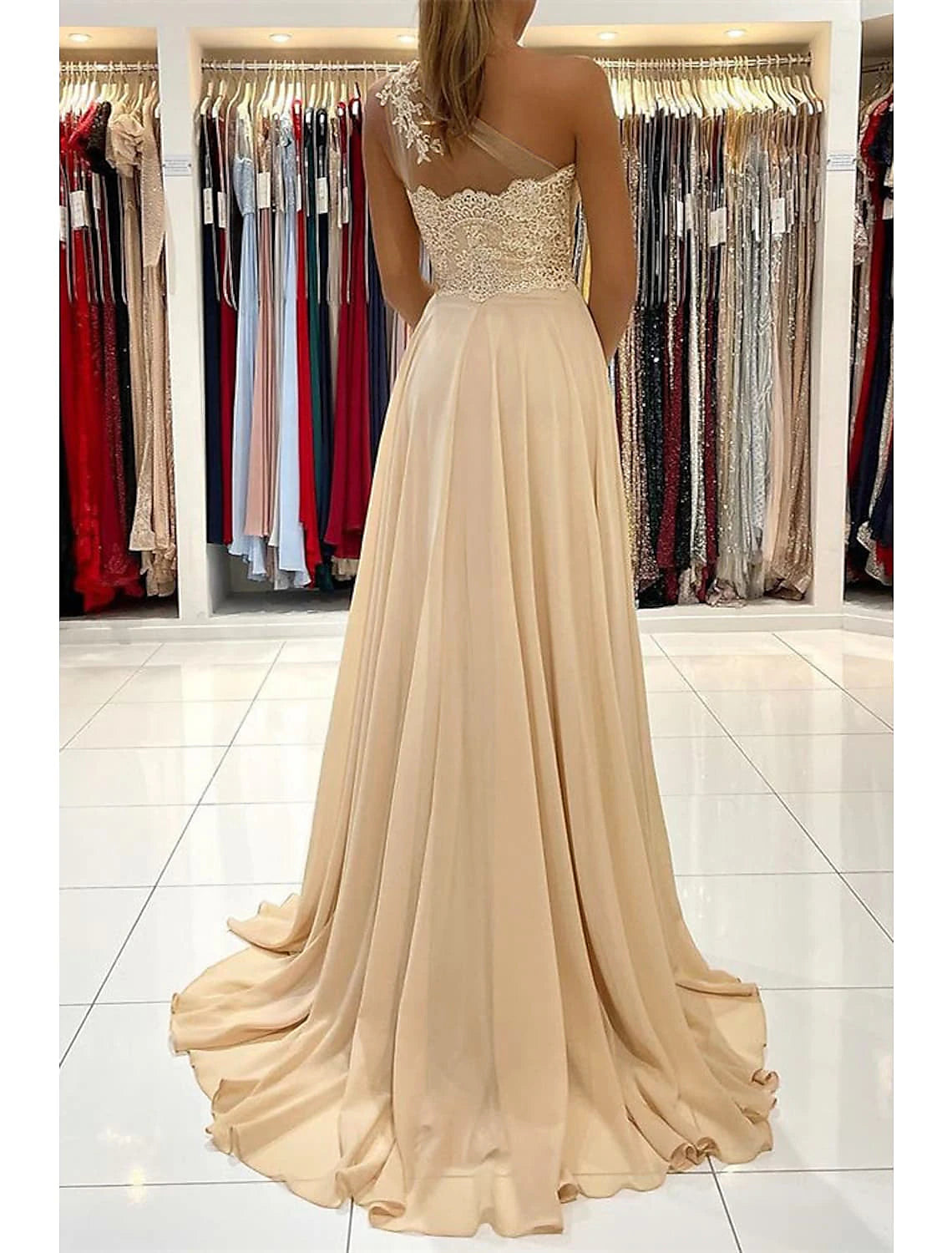 Wholesa A-Line Prom Dresses Sexy Dress Formal Wedding Guest Court Train Sleeveless One Shoulder Chiffon with Slit Appliques