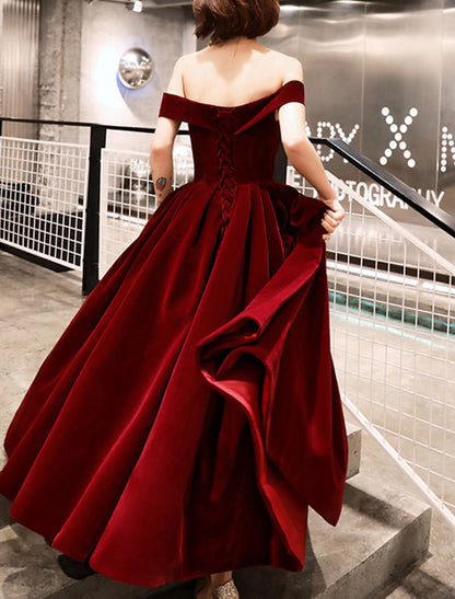 wholesale   A-Line Evening Gown Elegant Dress Wedding Guest Ankle Length Short Sleeve Off Shoulder Velvet with Sleek