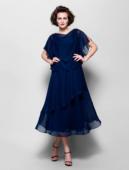 Wholesa  A-Line Mother of the Bride Dress Plus Size Elegant Cowl Neck Tea Length Chiffon Short Sleeve with Ruffles Crystal Brooch