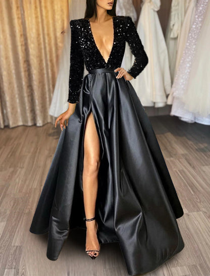 Wholesa A-Line Evening Gown Red Green Dress Formal Black Dress Plus Size Wedding Court Train Half Sleeve V Neck Satin with Sequin Slit