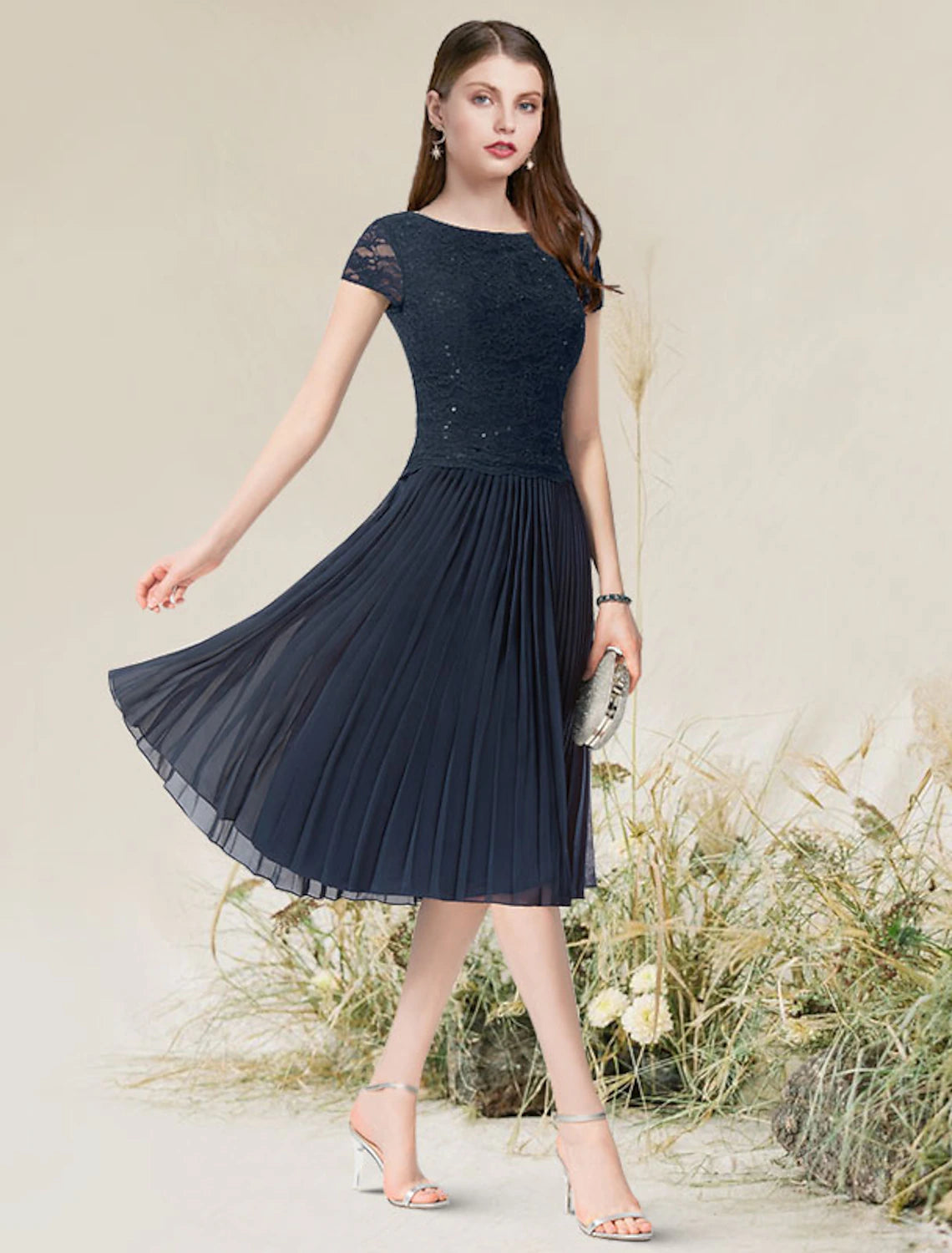 wholesale   A-Line Cocktail Dresses Flirty Dress Homecoming Tea Length Short Sleeve Jewel Neck Chiffon with Pleats