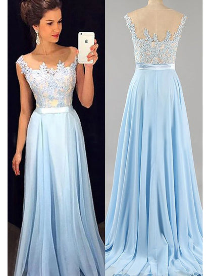 Wholesale A-Line Prom Dresses Color Block Dress Formal Floor Length Sleeveless Jewel Neck Chiffon with Beading Appliques