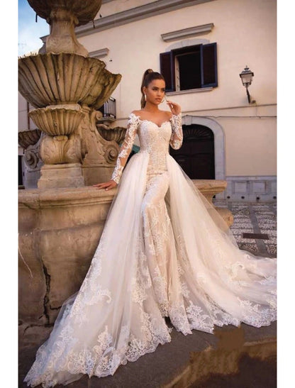 Wholesale Engagement Formal Fall Wedding Dresses Two Piece Sweetheart Long Sleeve Court Train Lace Outdoor Bridal Gowns With Appliques Summer Wedding Party