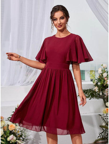 Wholesale A-Line Wedding Guest Dresses Elegant Dress Holiday Knee Length Short Sleeve Jewel Neck Chiffon with Pleats Ruffles