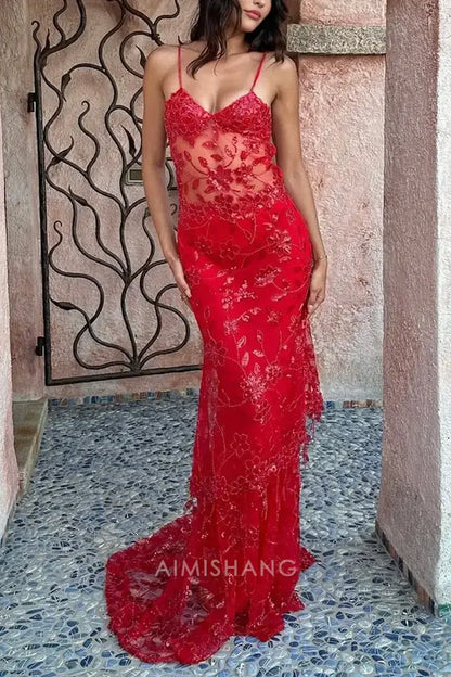 Aimishang Elegant Sheath Spaghetti Straps Red Formal Dress Sparkly Long Prom Dresses Charming Party Evening Gowns