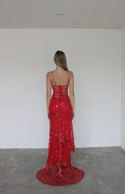 Aimishang Elegant Sheath Spaghetti Straps Red Formal Dress Sparkly Long Prom Dresses Charming Party Evening Gowns