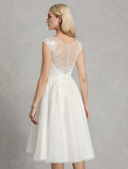 Wholesale Reception Little White Dresses Wedding Dresses A-Line Illusion Neck Cap Sleeve Knee Length Lace Bridal Gowns With Appliques 2023 Summer Wedding Party