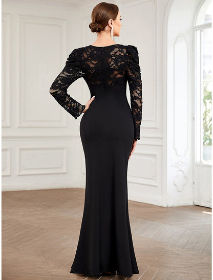 wholesale A-Line Evening Gown Vintage Dress Formal Floor Length Long Sleeve V Neck Lace with Pure Color