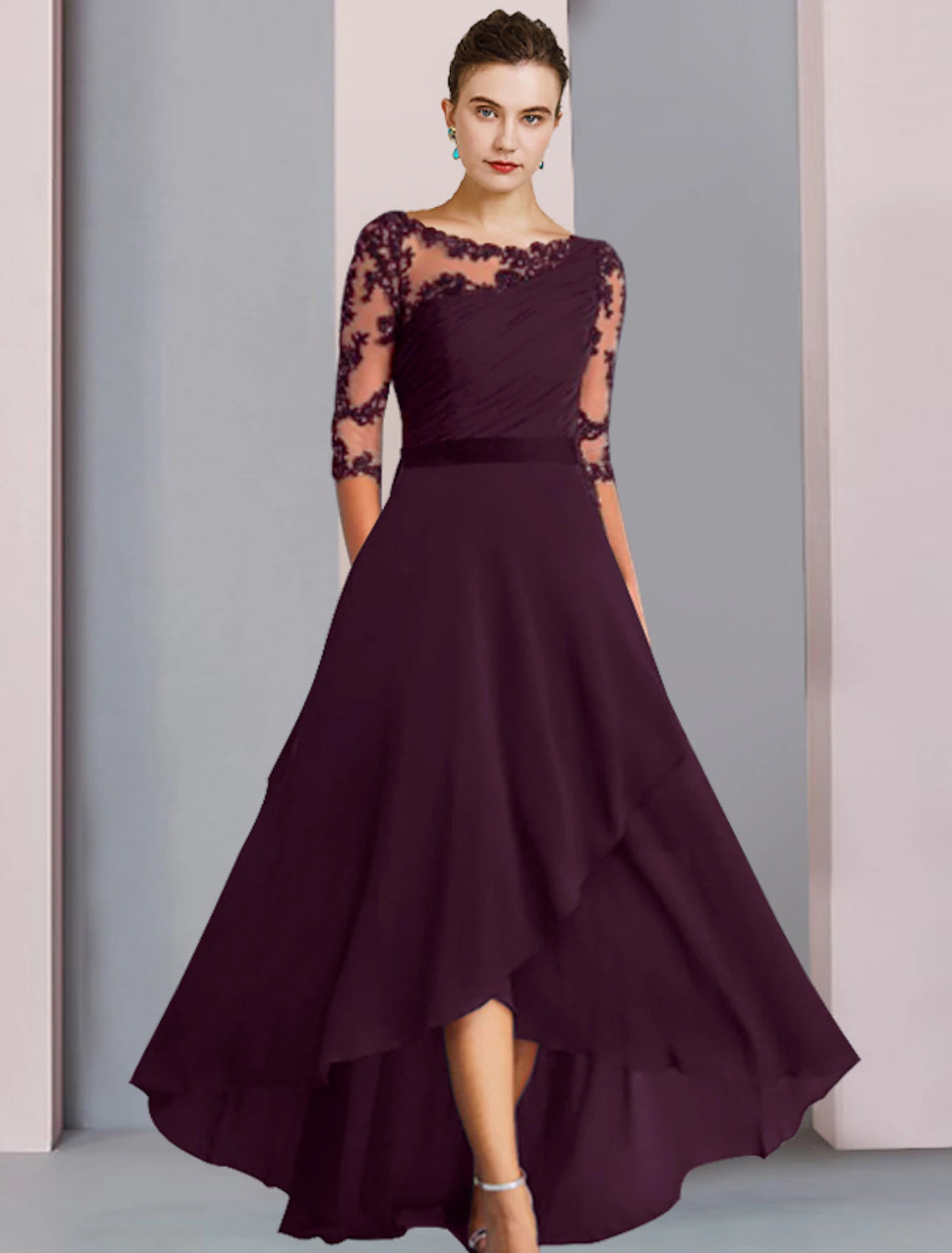 Wholesa A-Line Mother of the Bride Dress Wedding Guest Elegant High Low Scoop Neck Asymmetrical Tea Length Chiffon Lace Half Sleeve with Appliques Side-Draped