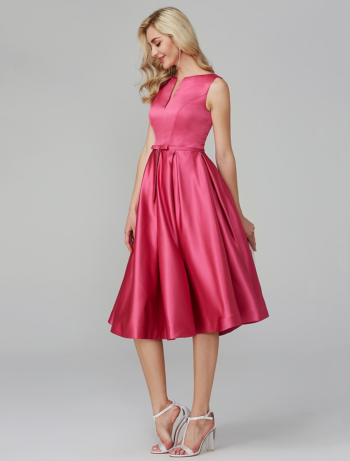 Wholesa A-Line Party Dress Wedding Guest Cocktail Party Knee Length Sleeveless V Wire Pink Dress Satin with Sash / Ribbon