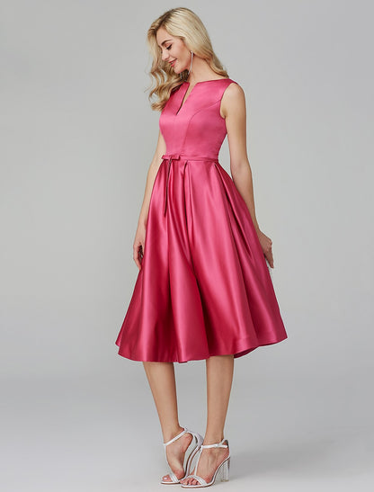 Wholesa A-Line Party Dress Wedding Guest Cocktail Party Knee Length Sleeveless V Wire Pink Dress Satin with Sash / Ribbon