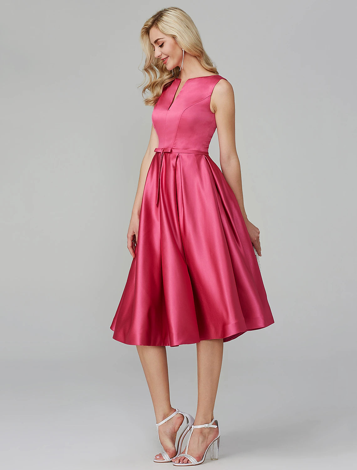 Wholesa  A-Line Elegant Dress Wedding Guest Cocktail Party Knee Length Sleeveless V Wire Pink Dress Satin with Sash / Ribbon