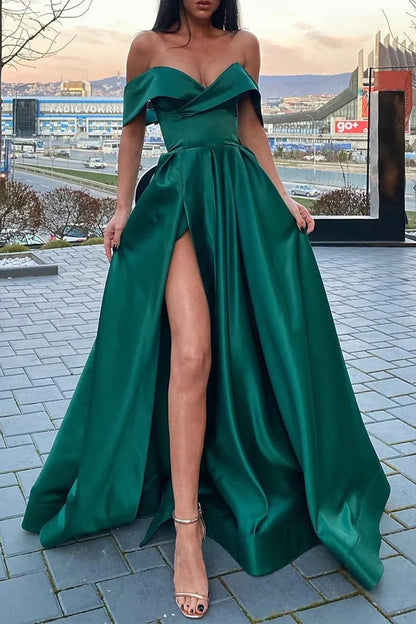 Wholesale A-Line Prom Dresses Celebrity Style Dress Evening Dress Christmas Floor Length Short Sleeve V Neck Satin with Slit