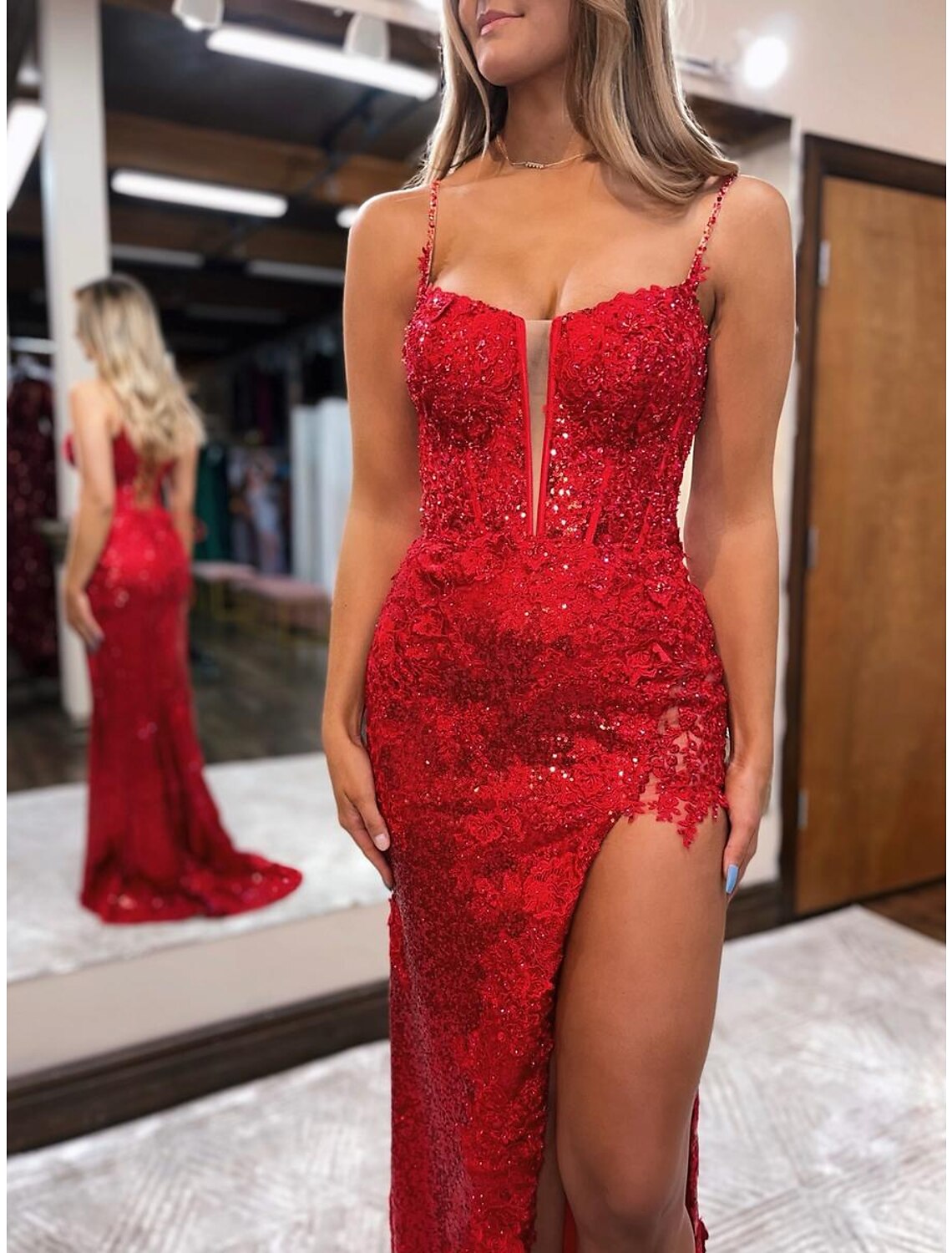 Wholesa Mermaid / Trumpet Prom Dresses Sparkle & Shine Dress Formal Wedding Party Sweep / Brush Train Sleeveless Spaghetti Strap Sequined Backless with Beading Sequin Slit