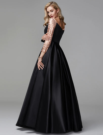 Wholesa Ball Gown Black Dress Vintage Quinceanera Formal Evening Floor Length Long Sleeve Off Shoulder Satin with Sequin