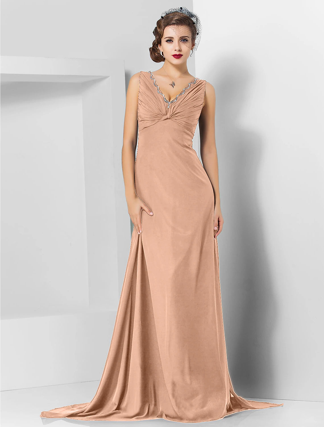 Wholesa Sheath / Column Elegant Engagement Formal Evening Dress V Neck Sleeveless Sweep / Brush Train Chiffon with Crystals Draping