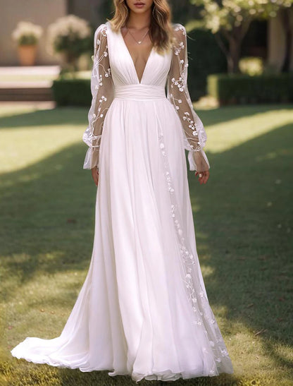 Wholesa Beach Wedding Dresses A-Line V Neck Long Sleeve Floor Length Chiffon Bridal Gowns With Solid Color