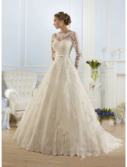 Wholesale Engagement Formal Fall Wedding Dresses Ball Gown Illusion Neck Long Sleeve Court Train Lace Church Bridal Gowns With Appliques 2023 Summer Wedding Party