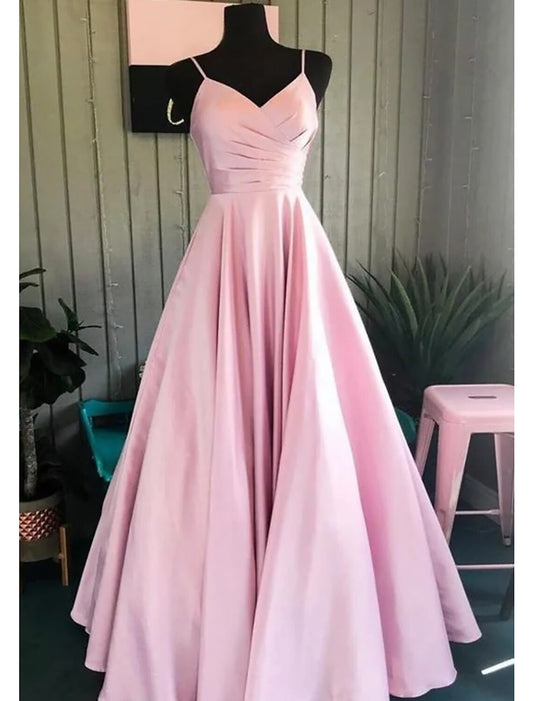 wholesale  A-Line Prom Dresses Minimalist Dress Formal Floor Length Sleeveless V Neck Stretch Satin Backless with Pleats Ruched