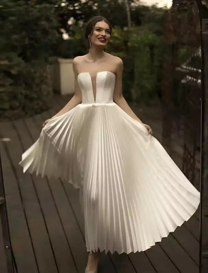 Wholesale Reception Little White Dresses Wedding Dresses A-Line Sweetheart Strapless Ankle Length Lace Bridal Gowns With Pleats Solid Color 2023 Summer Wedding Party