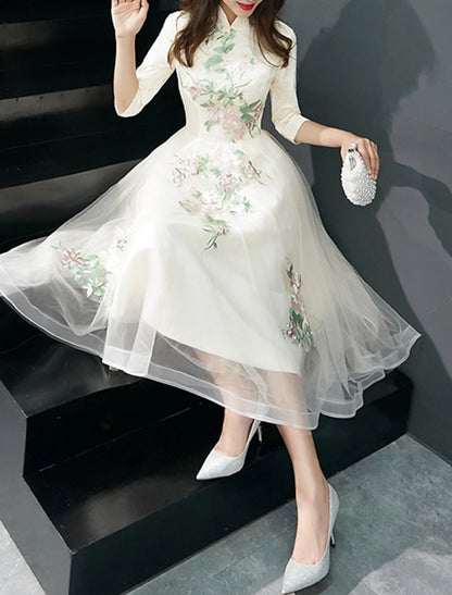 Wholesa A-Line Cocktail Dresses Elegant Dress Wedding Guest Party Wear Tea Length Half Sleeve Stand Collar Tulle with Appliques