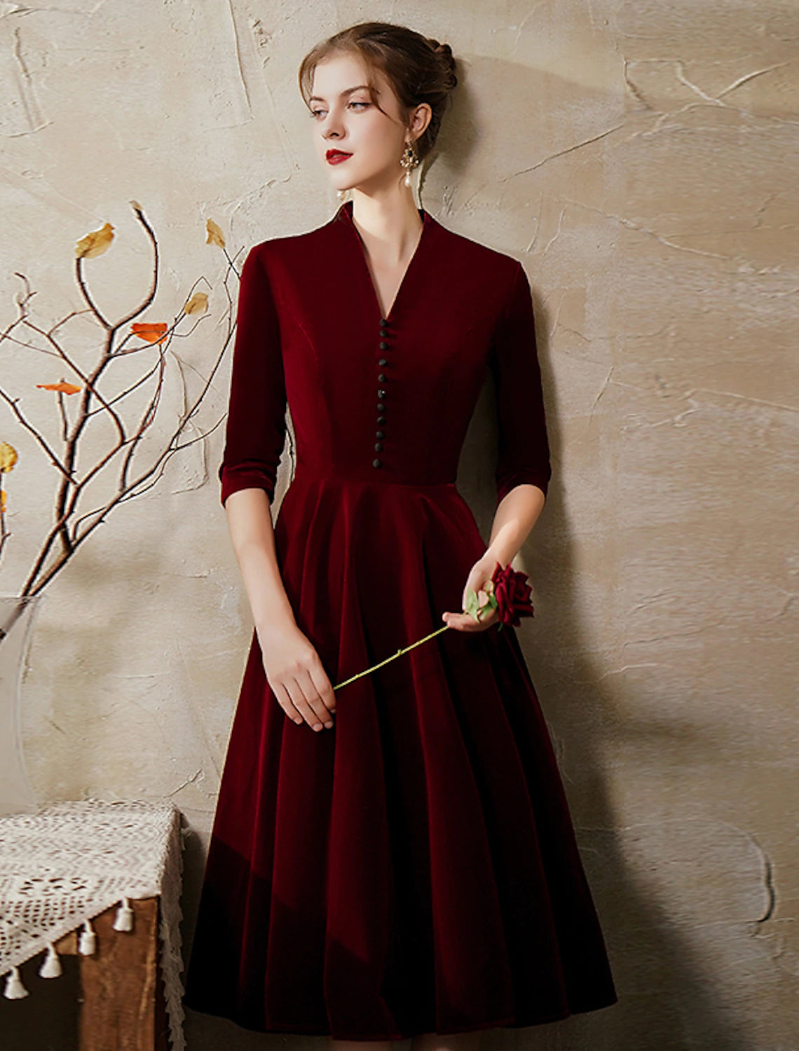 wholesale A-Line Minimalist Vintage Party Wear Cocktail Party Dress V Neck Half Sleeve Tea Length Velvet with Sleek