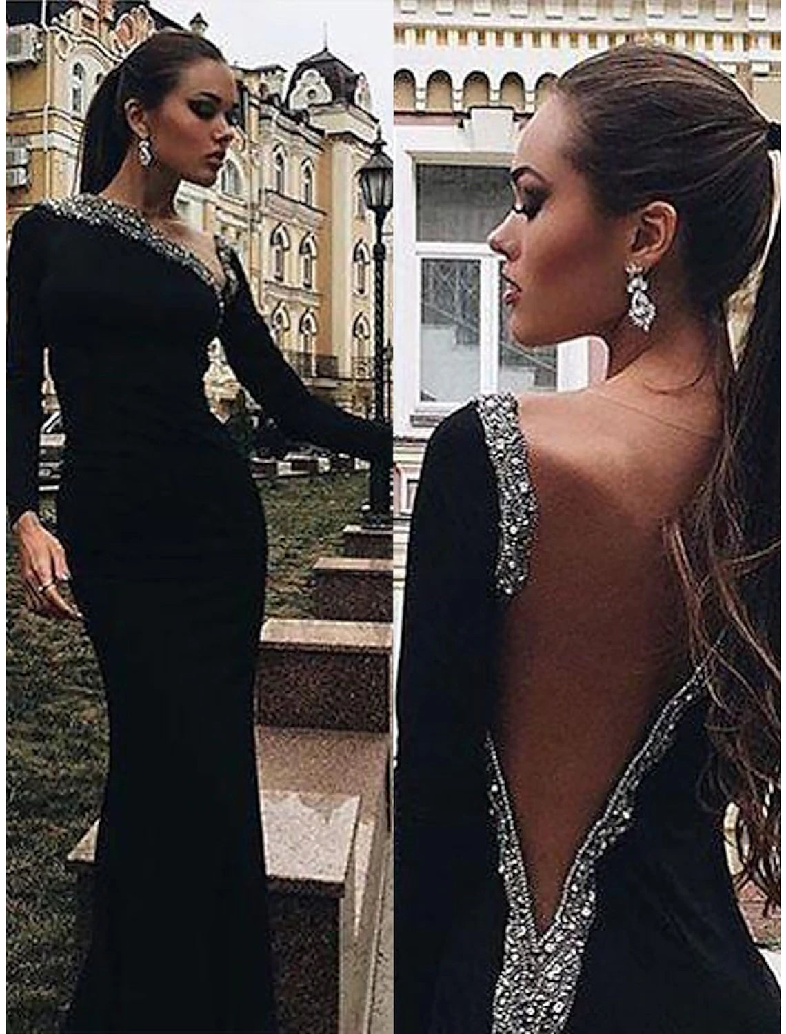 wholesale  Mermaid / Trumpet Evening Gown Open Back Dress Engagement Floor Length Long Sleeve V Neck Stretch Fabric with Crystals Beading