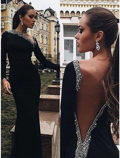 Wholesa  Mermaid / Trumpet Evening Gown Open Back Dress Wedding Guest Engagement Floor Length Long Sleeve V Neck Stretch Fabric with Crystals Beading