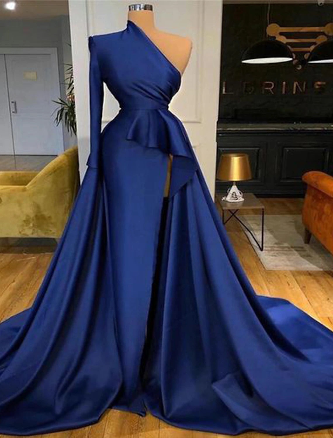 Wholesa  A-Line Peplum Sexy Wedding Guest Formal Evening Dress One Shoulder Long Sleeve Court Train Satin with Ruffles Slit