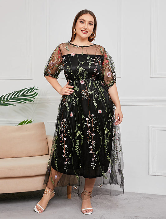 wholesale  Mother of the Bride Dresses Plus Size Curve Hide Belly Party Plus Size Hide Belly Scoop Neck Ankle Length Tulle Half Sleeve with Embroidery Ruching