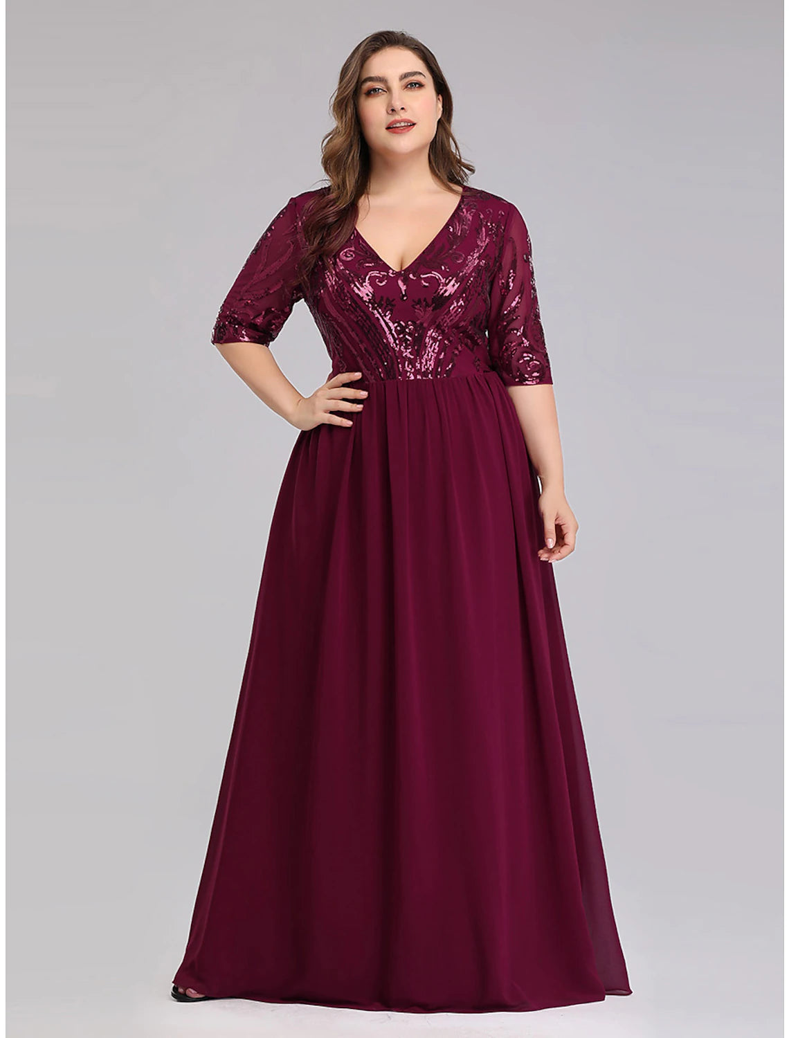 Wholesale A-Line Prom Dresses Plus Size Dress Wedding Guest Floor Length Half Sleeve Plunging Neck Chiffon with