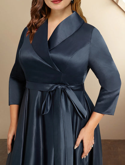 Wholesa A-Line Mother of the Bride Dresses Plus Size Hide Belly Curve High Low Dress Formal Asymmetrical 3/4 Length Sleeve Shirt Collar Satin with Bow(s) Pleats