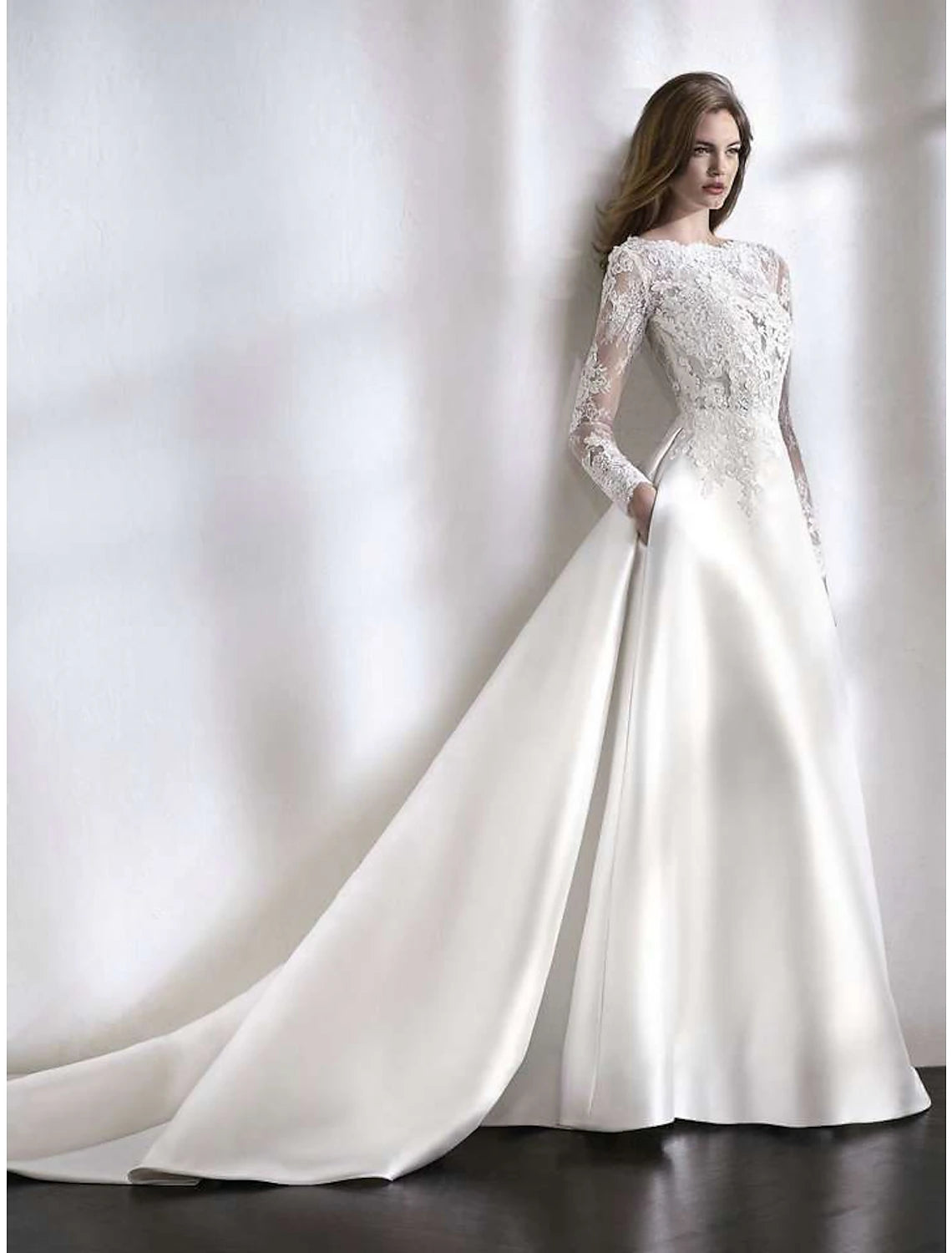 Wholesale Reception Formal Fall Wedding Dresses A-Line Illusion Neck Long Sleeve Chapel Train Satin Bridal Gowns With Lace Pleats Summer Wedding Party