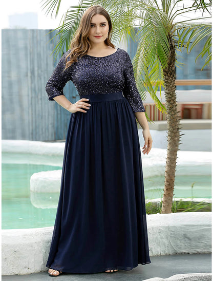 wholesale  A-Line Mother of the Bride Dress Wedding Guest Plus Size Elegant Jewel Neck Floor Length Tulle Sequined 3/4 Length Sleeve with Sequin Fall