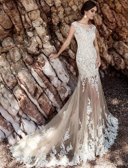 Wholesale Engagement Formal Wedding Dresses Mermaid / Trumpet Illusion Neck Cap Sleeve Court Train Lace Bridal Gowns With Appliques 2023 Summer Wedding Party