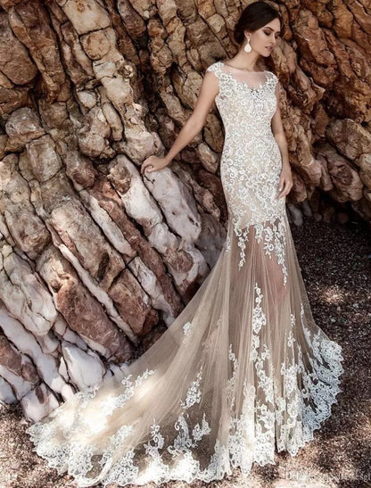 Wholesale Engagement Formal Wedding Dresses Mermaid / Trumpet Illusion Neck Cap Sleeve Court Train Lace Bridal Gowns With Appliques 2023 Summer Wedding Party