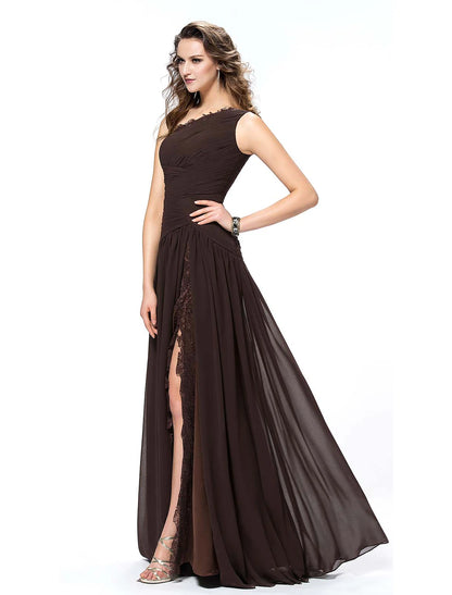 Wholesa  A-Line Elegant Sexy Party Wear Formal Evening Dress One Shoulder Backless Sleeveless Floor Length Chiffon with Slit Lace Insert