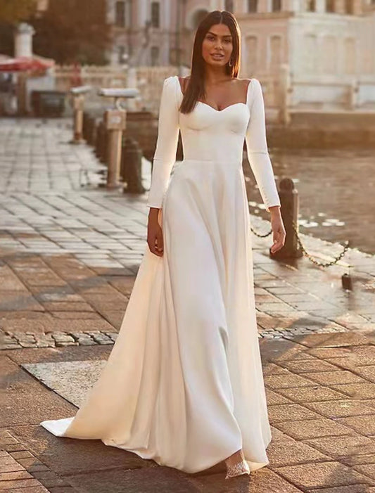 Wholesale Reception Royal Style Casual Wedding Dresses A-Line Sweetheart Long Sleeve Sweep / Brush Train Satin Bridal Gowns With Solid Color Summer Wedding Party