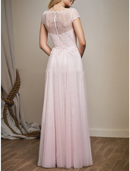 Wholesa A-Line Bridesmaid Dress V Neck Short Sleeve Elegant Floor Length Tulle with Lace / Ruching