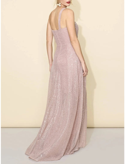 Wholesa A-Line Bridesmaid Dress One Shoulder Sleeveless Elegant Sweep / Brush Train Sequined with Split Front / Ruching