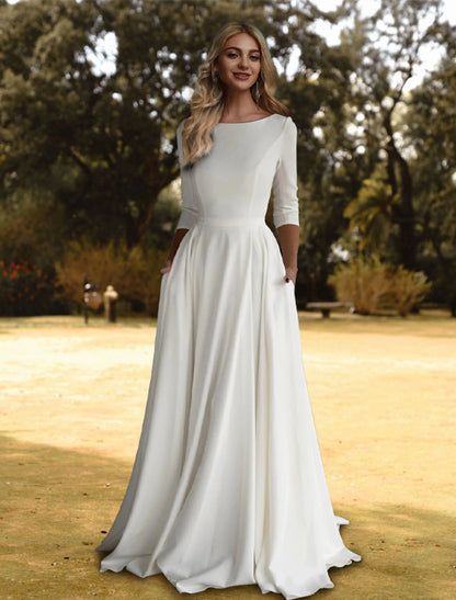 Wholesale Hall Casual Fall Wedding Dresses A-Line Scoop Neck 3/4 Length Sleeve Sweep / Brush Train Stretch Fabric Bridal Gowns With Pleats Solid Color 2023 Summer Wedding Party